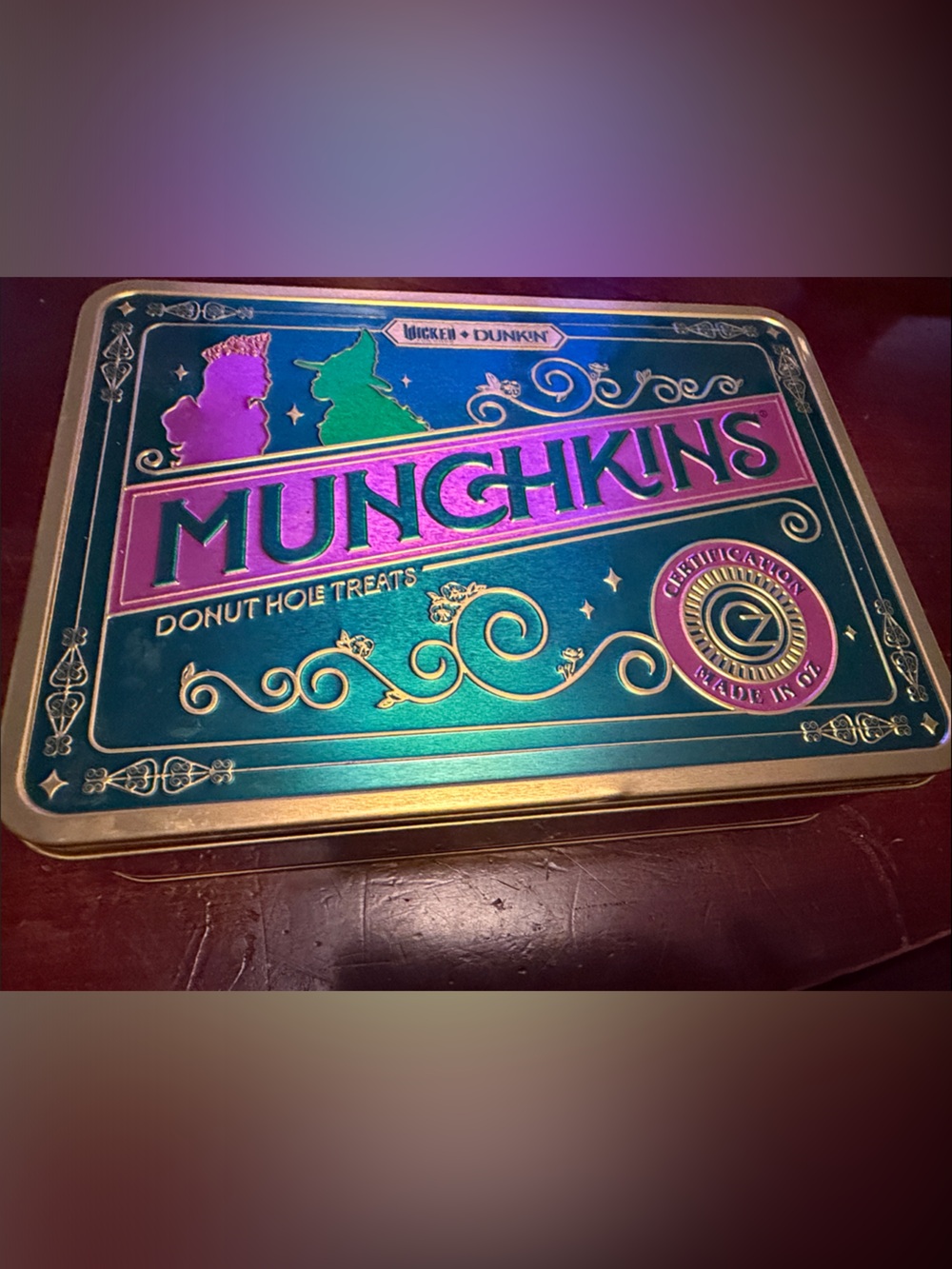 Dunkin Donuts & Wicked Collaboration Munchkin Decorative Tin -Teal, Pink & Gold